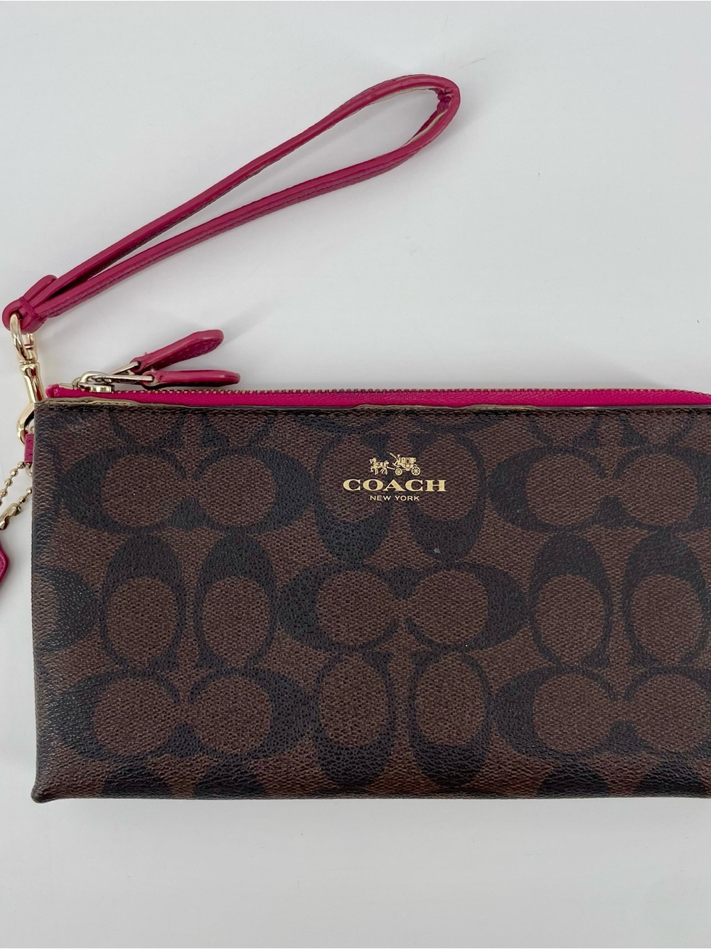 Coach Double Zip Wristlet Signature C Monogram Brown/Cranberry F53563